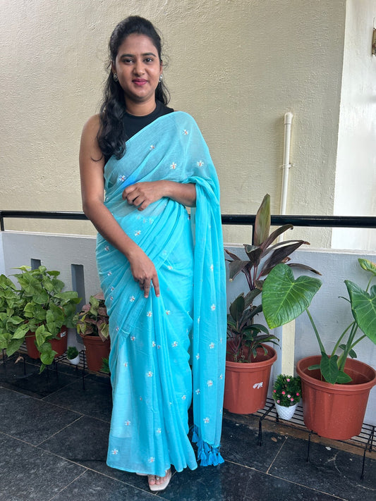 BLUE EMBROIDERY MUL SAREE