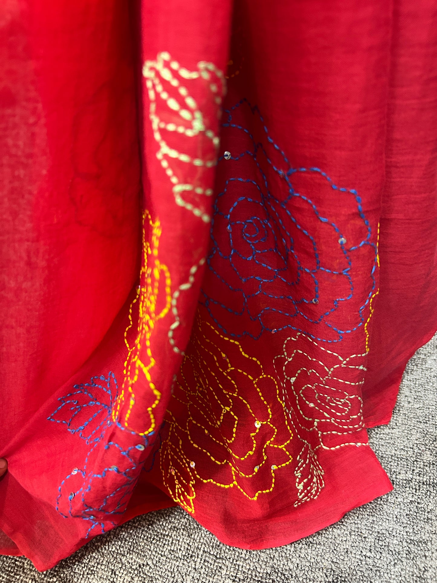 RED KATHA MUL SAREE