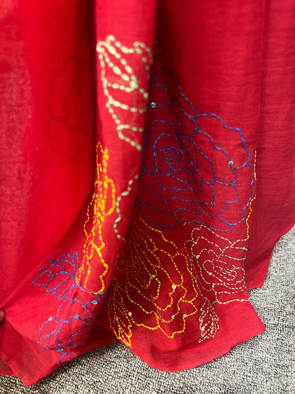 RED KATHA MUL SAREE