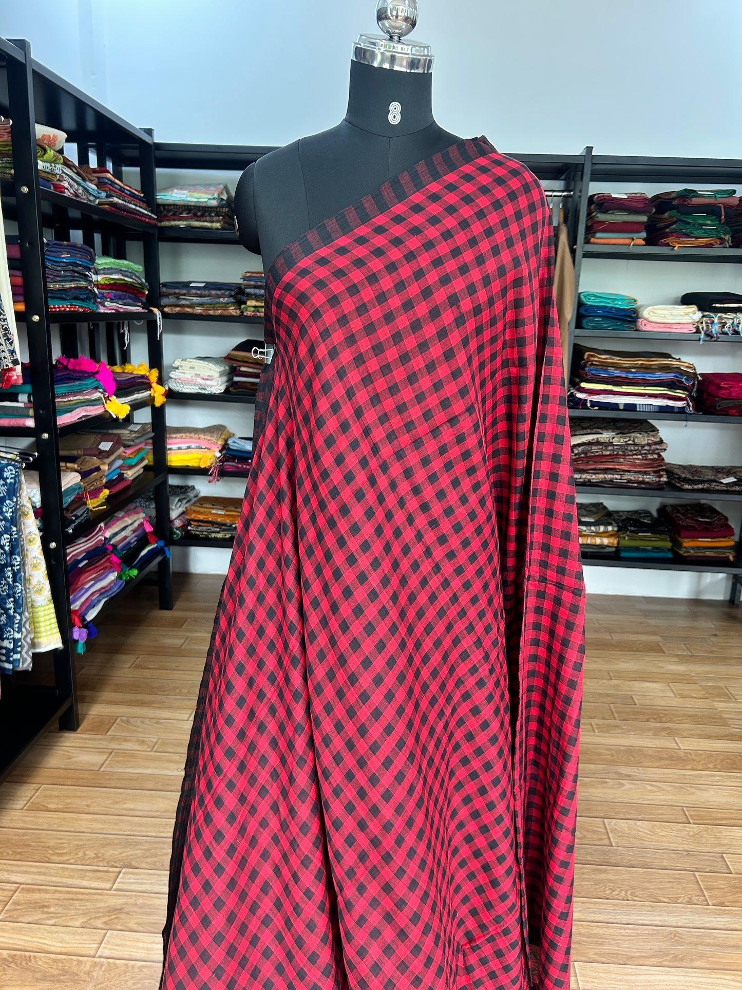 RED CHECKS  MUL SAREE