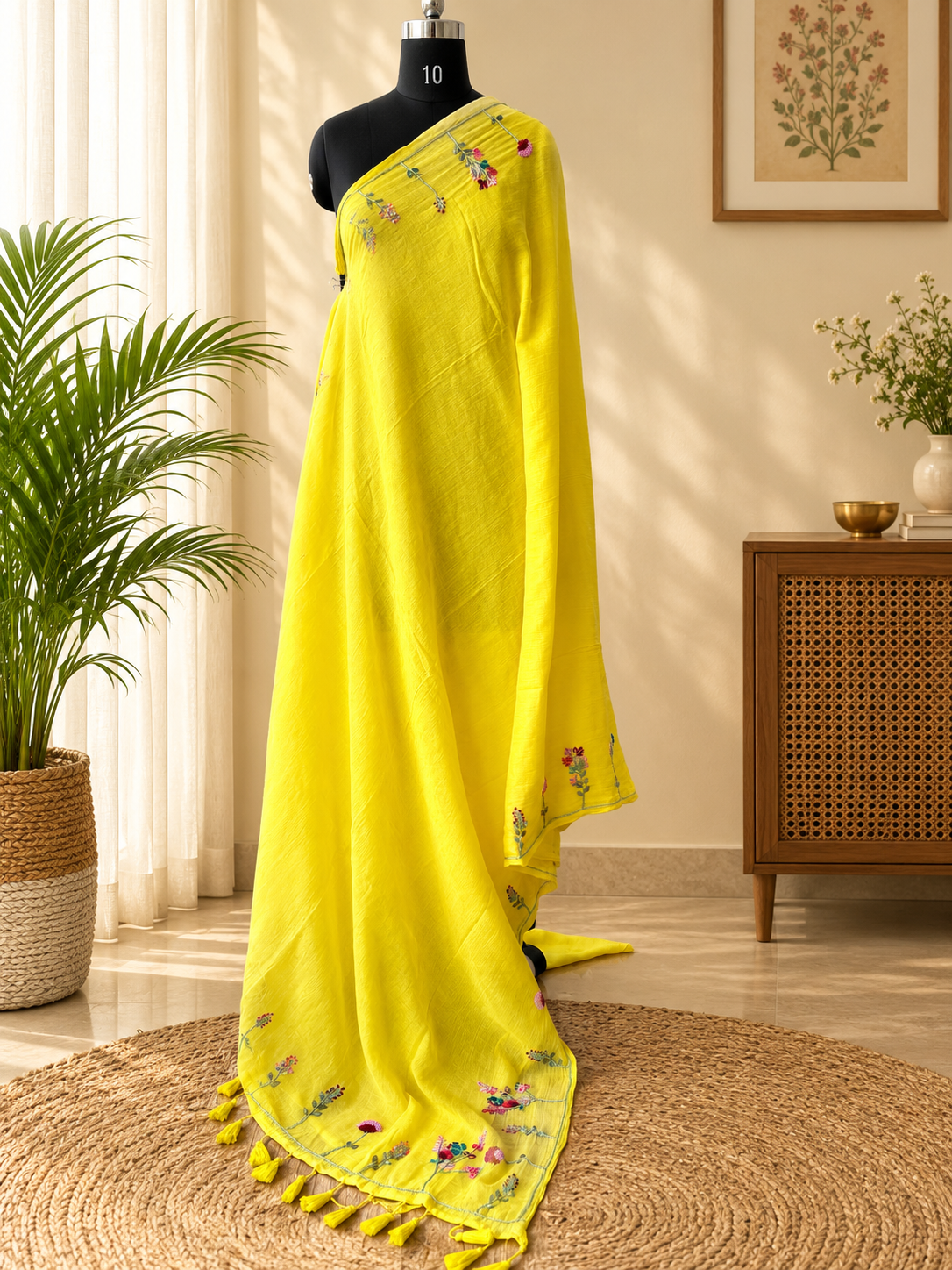 YELLOW EMBROIDERED MUL SAREE