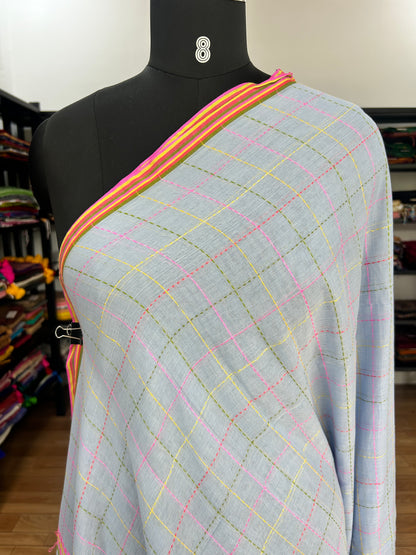 GREY KATHA CHECKS  MUL SAREE