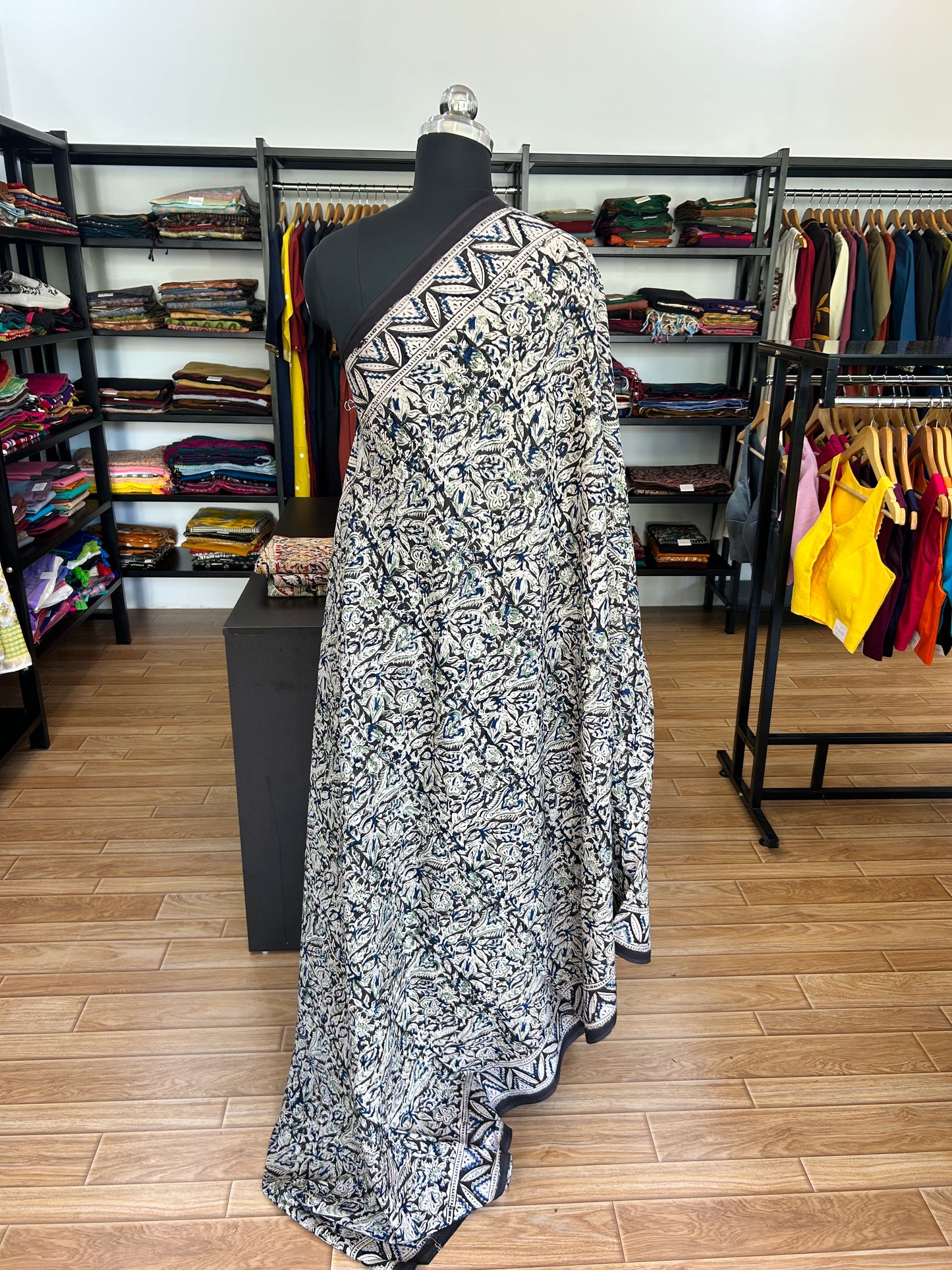 Black kalamkari mul saree