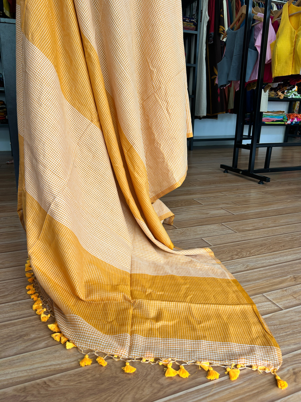 YELLOW CHECKS  MUL SAREE