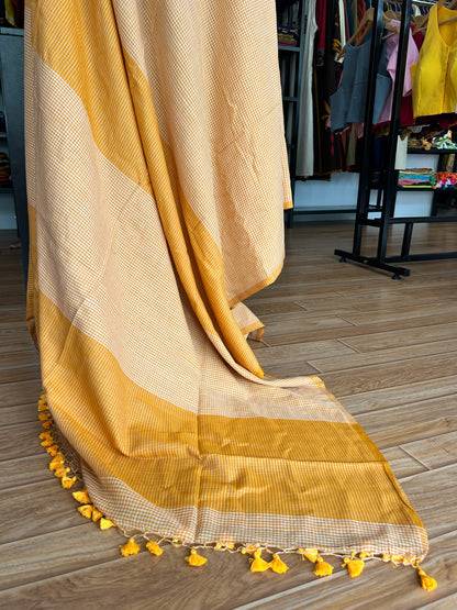 YELLOW CHECKS  MUL SAREE