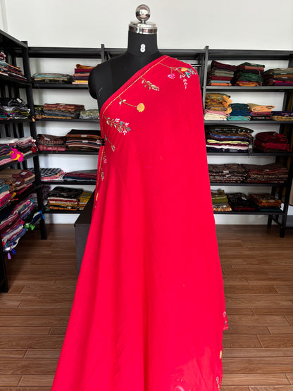 RED EMBROIDERED MUL SAREE