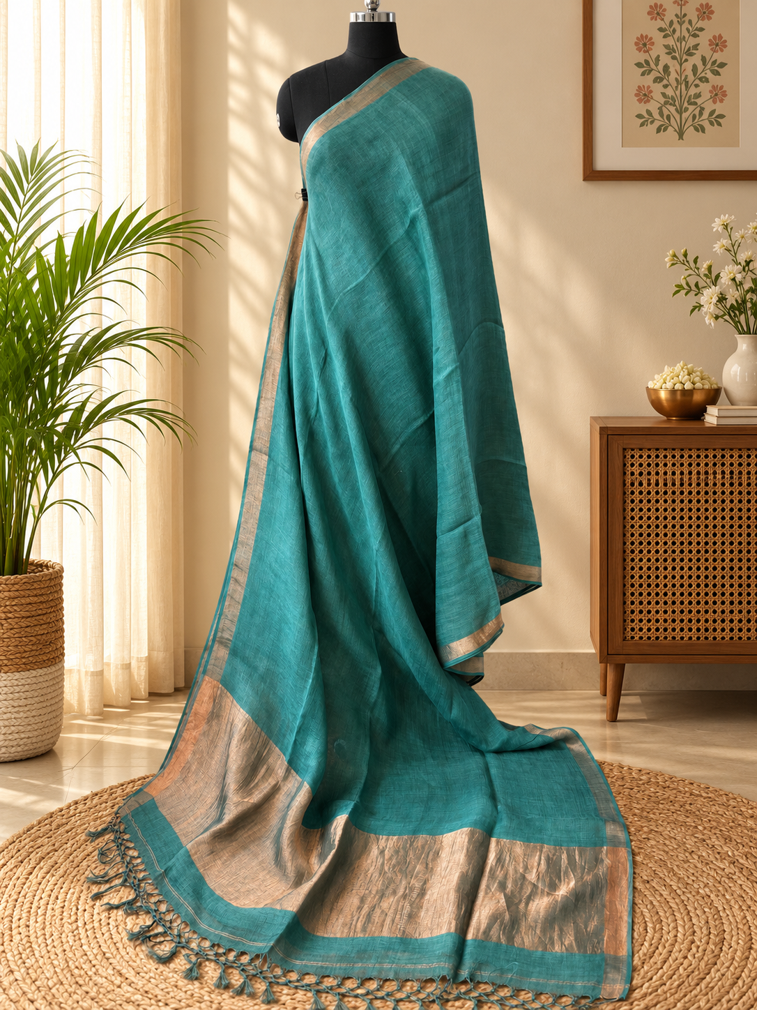 BLUE PURE LINEN SAREE