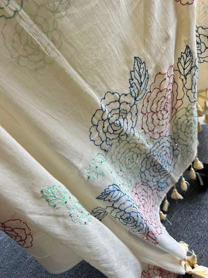 WHITE KATHA MUL SAREE