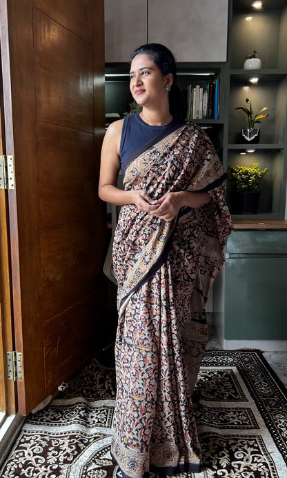 Black kalamkari mul saree