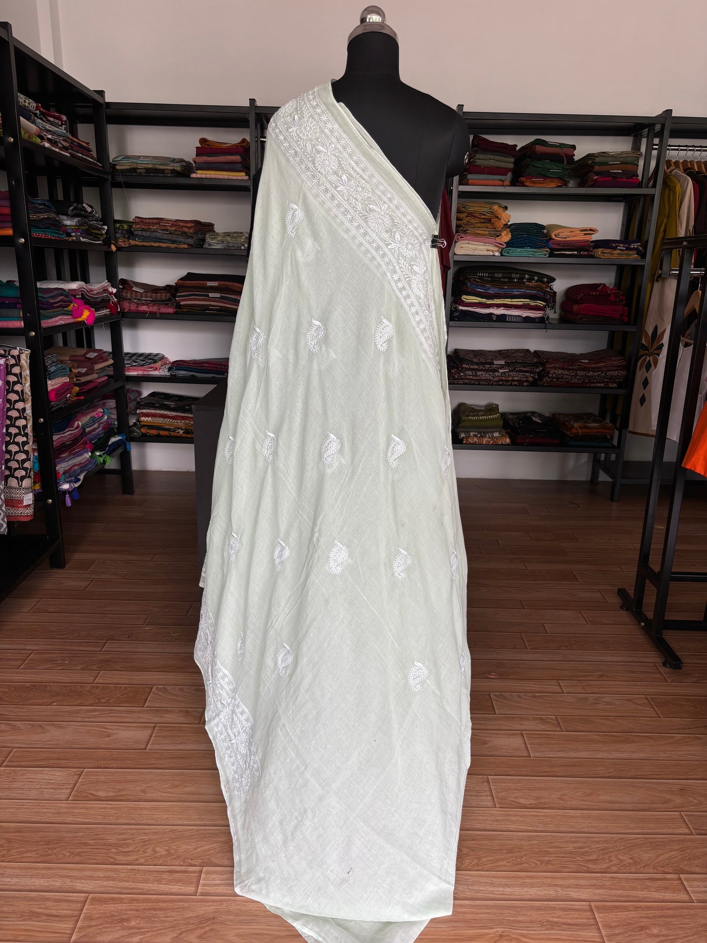 WHITE CHIKANKARI MUL SAREE