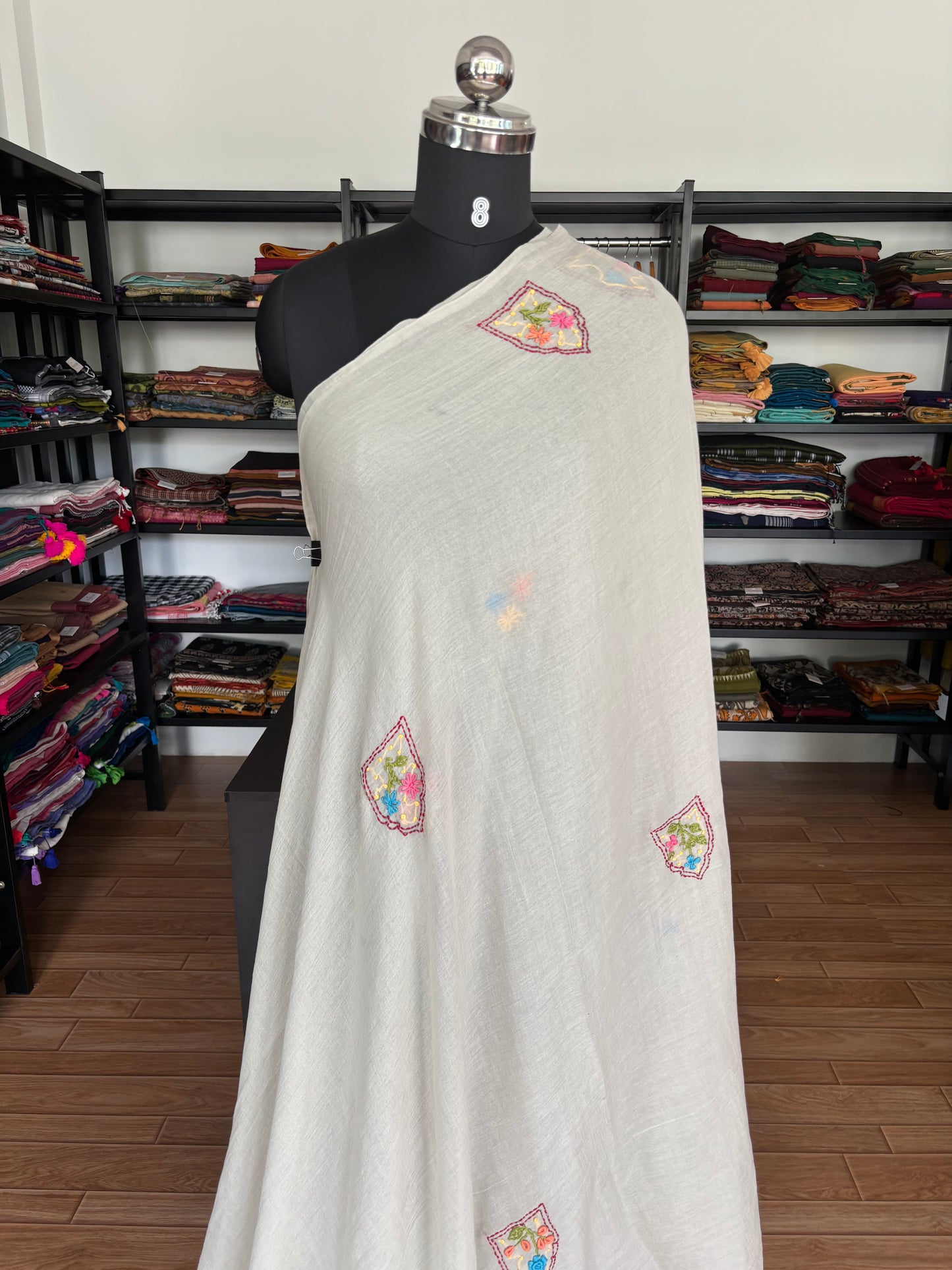 WHITE EMBROIDERED MUL SAREE