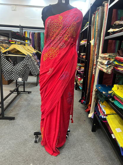 RED KATHA MUL SAREE