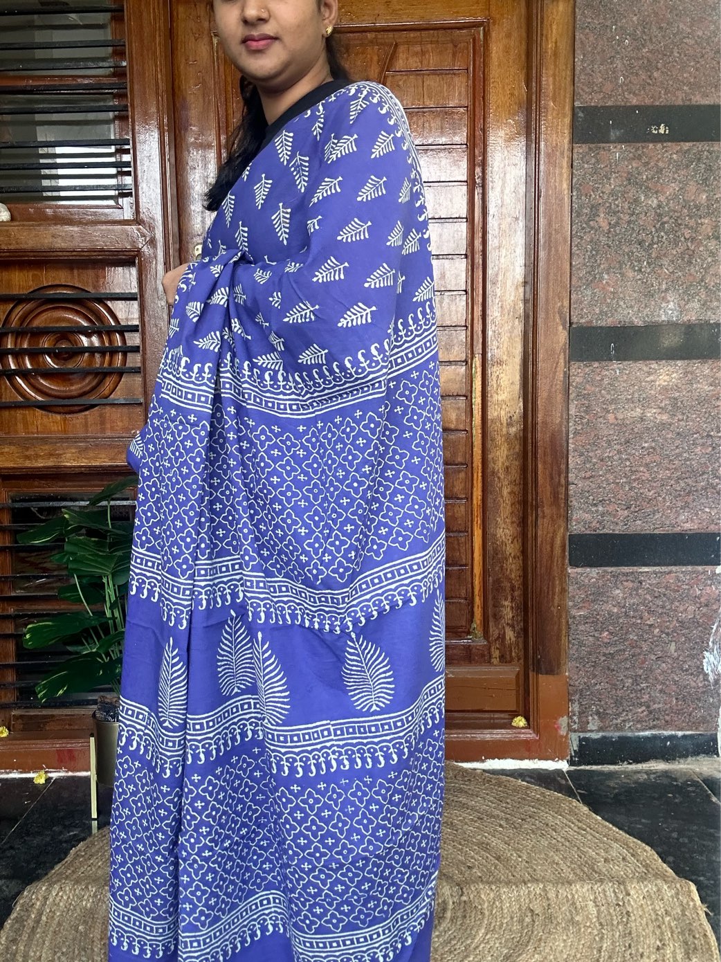 Blue handblock mulmul cotton saree