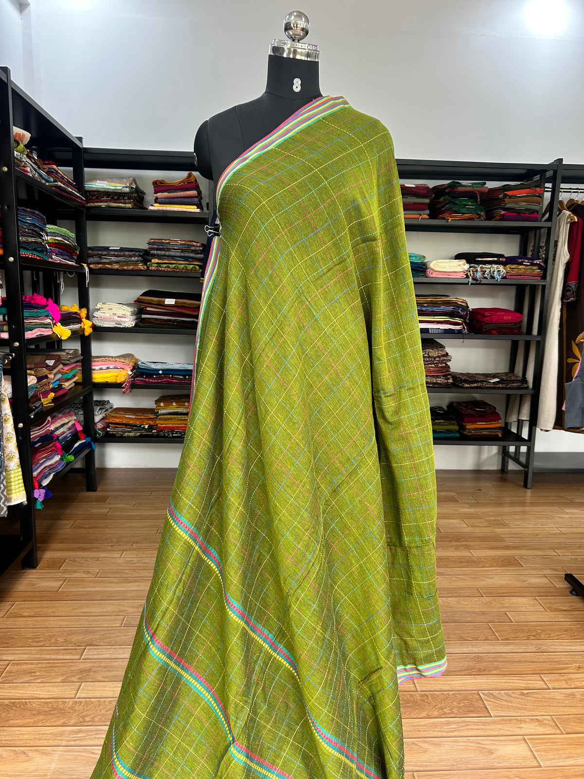 GREEN KATHA CHECKS  MUL SAREE