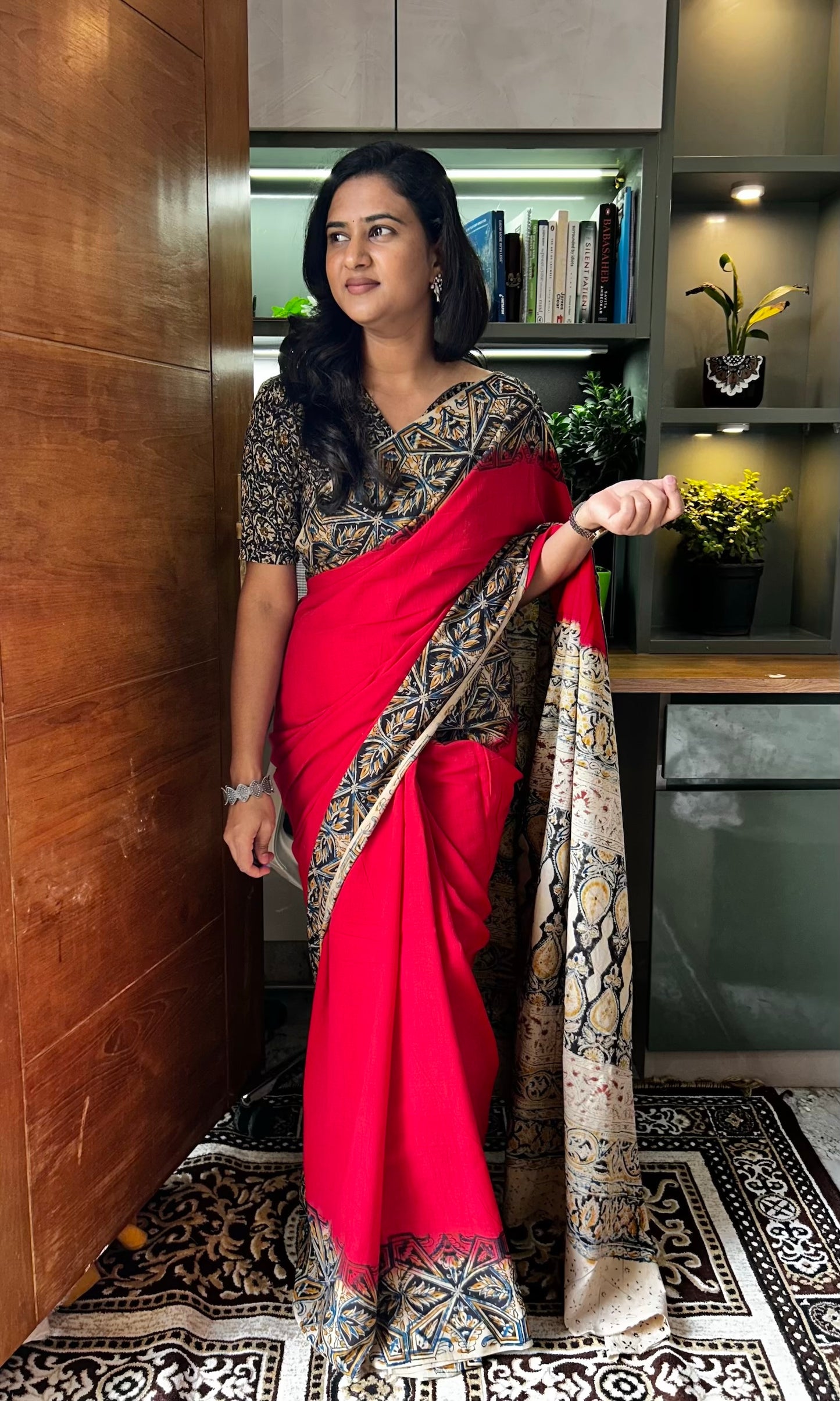 Red kalamkari mul saree