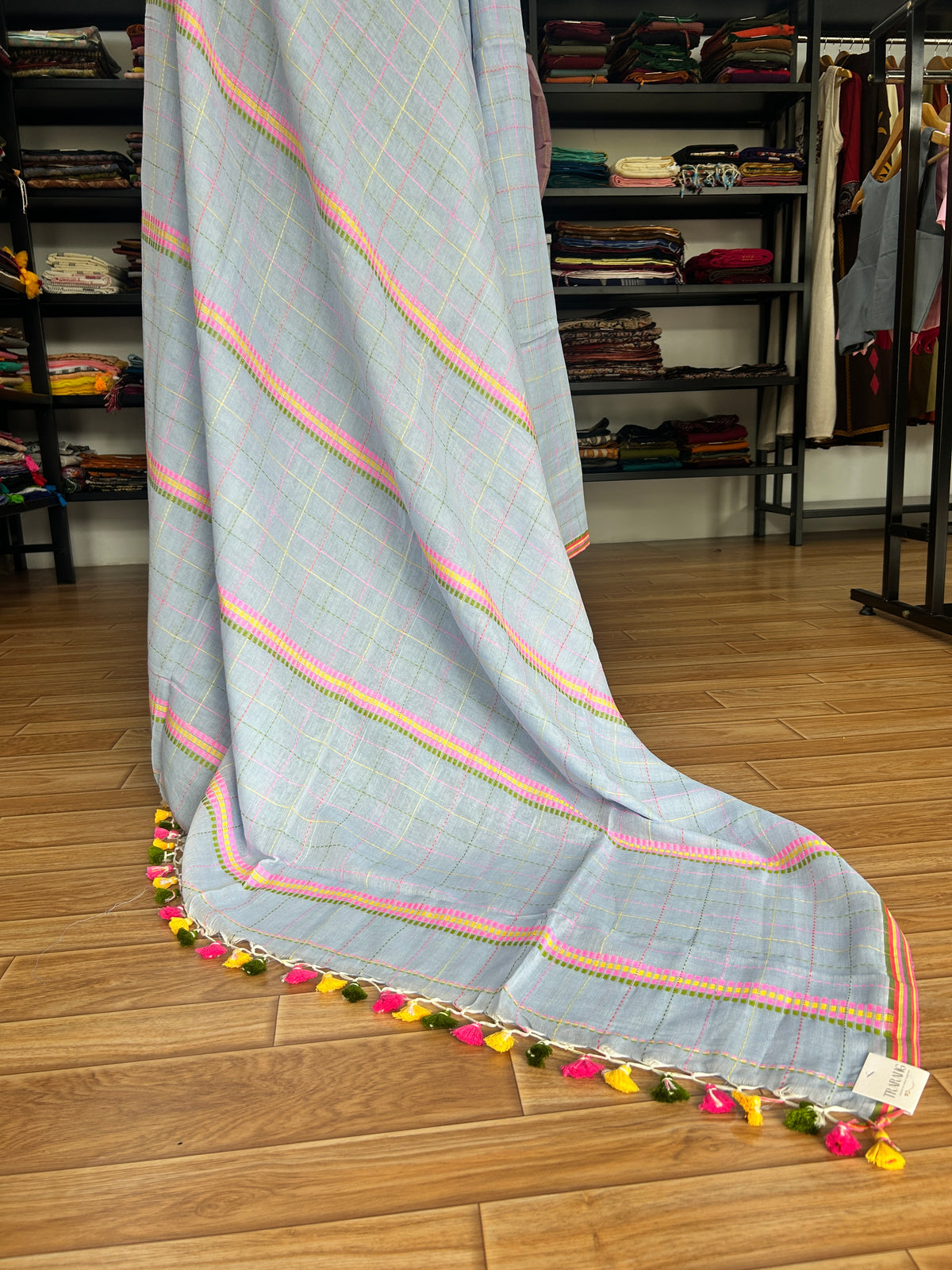 GREY KATHA CHECKS  MUL SAREE
