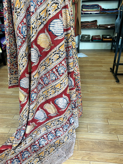 Red kalamkari mul saree