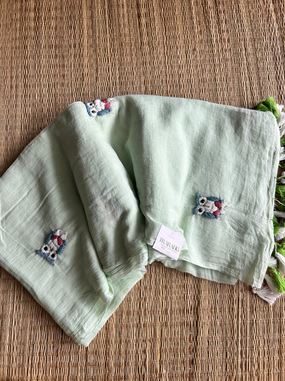 PASTEL GREEN OWL MUL SAREE