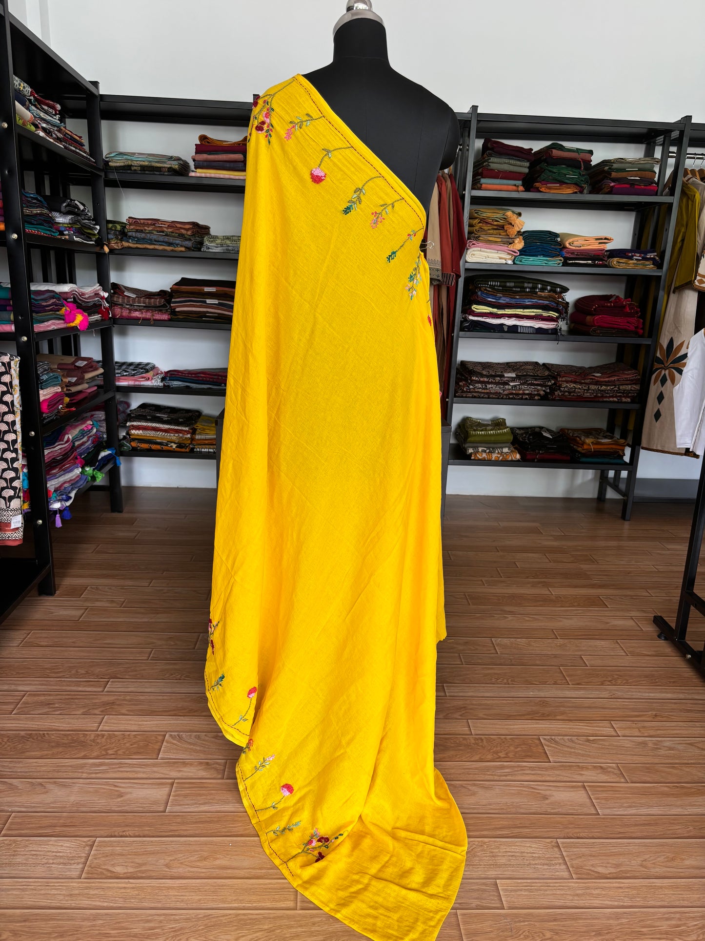YELLOW EMBROIDERED MUL SAREE