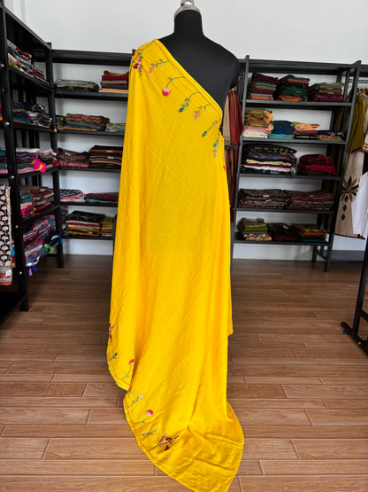 YELLOW EMBROIDERED MUL SAREE