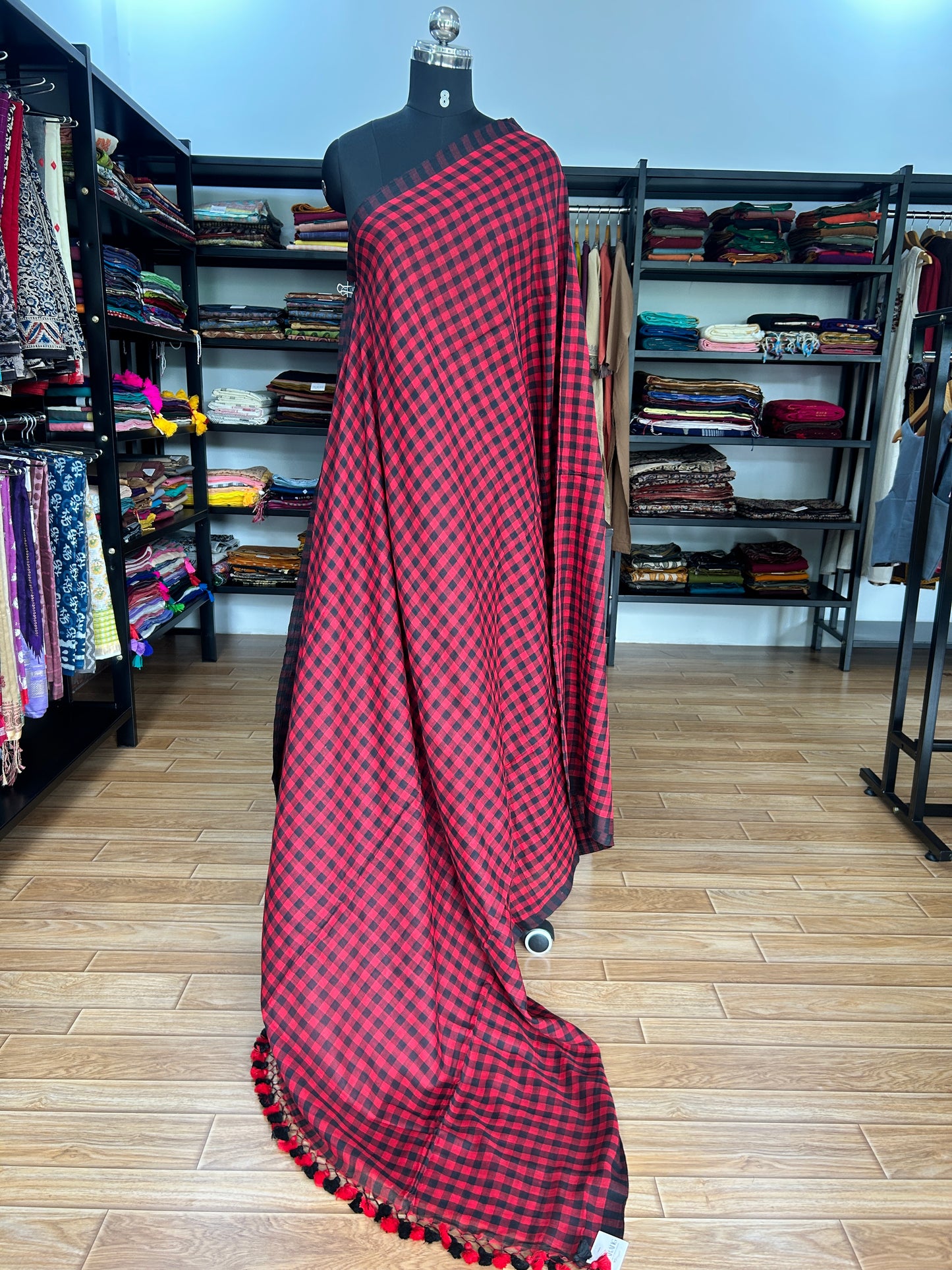 RED CHECKS  MUL SAREE