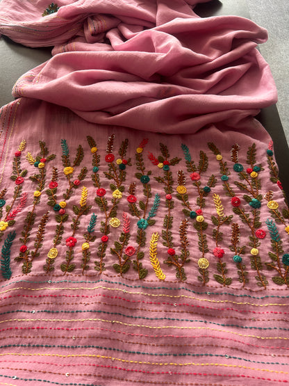 PINK EMBROIDERY MUL SAREE