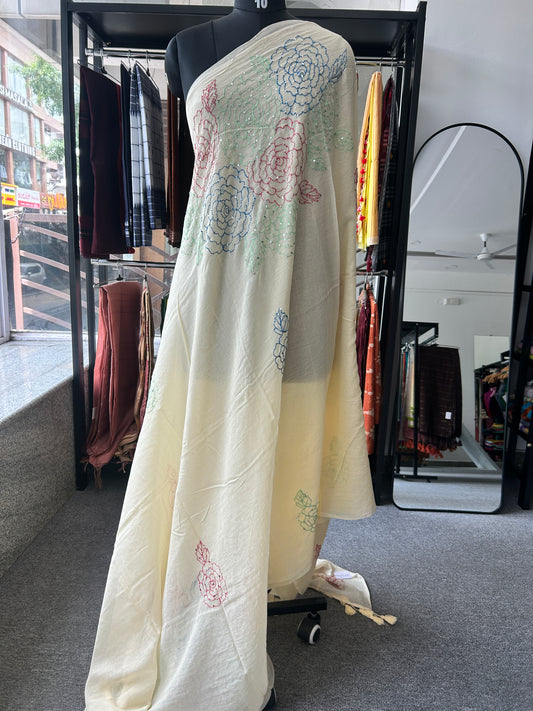 WHITE KATHA MUL SAREE
