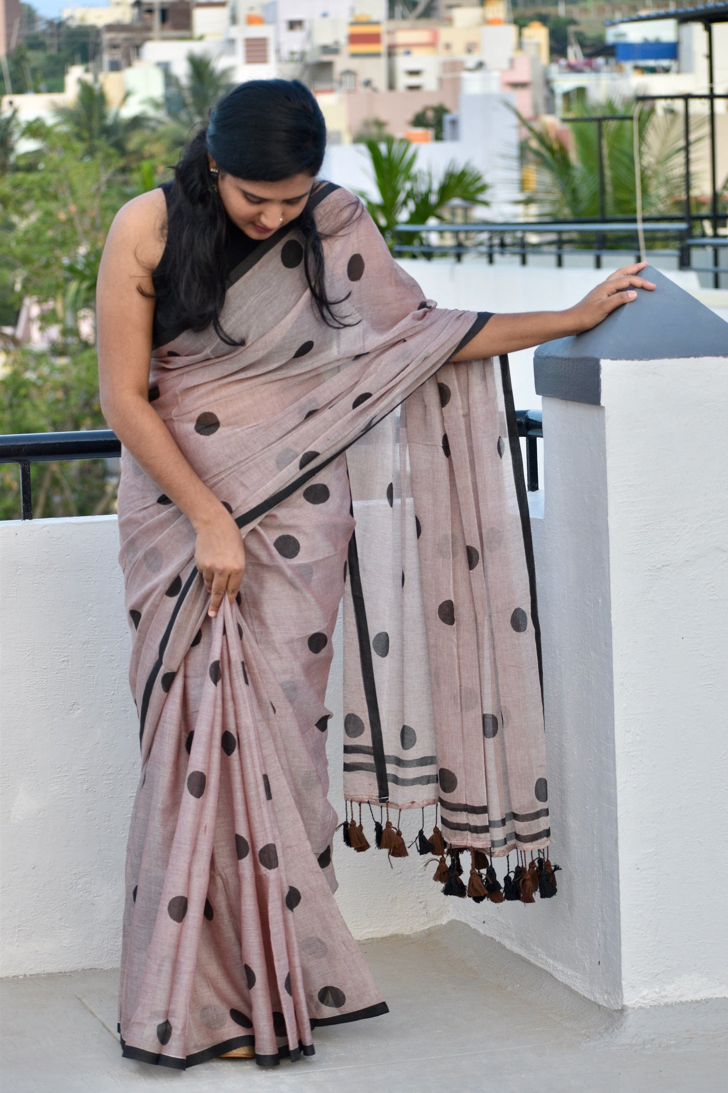 BROWN POLKA MUL SAREE