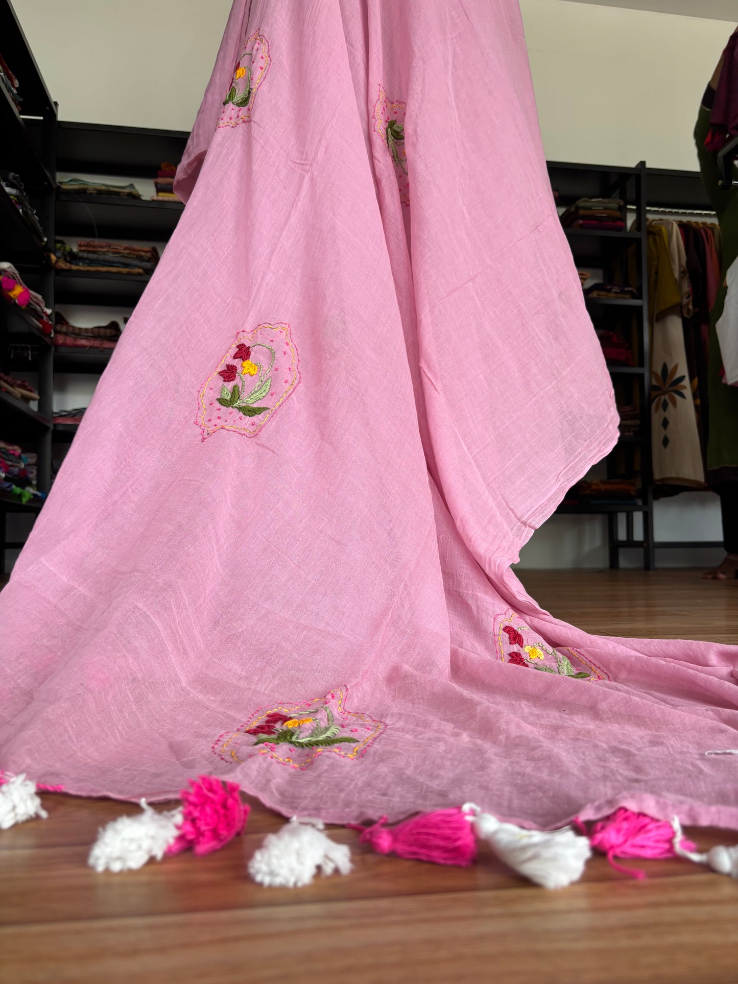 PINK EMBROIDERED MUL SAREE