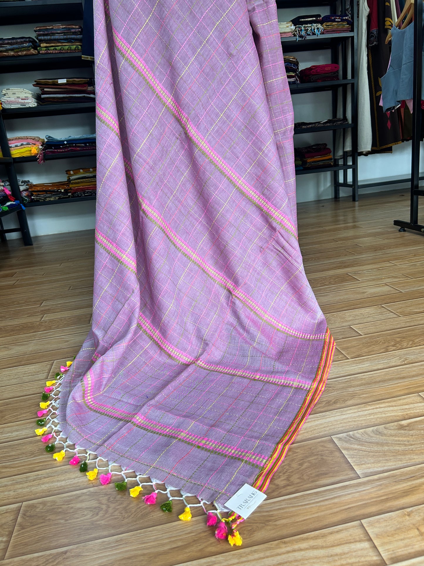 PINK KATHA CHECKS  MUL SAREE