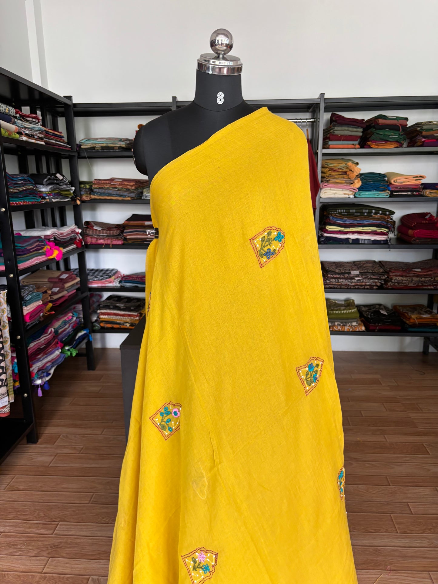 YELLOW EMBROIDERED MUL SAREE