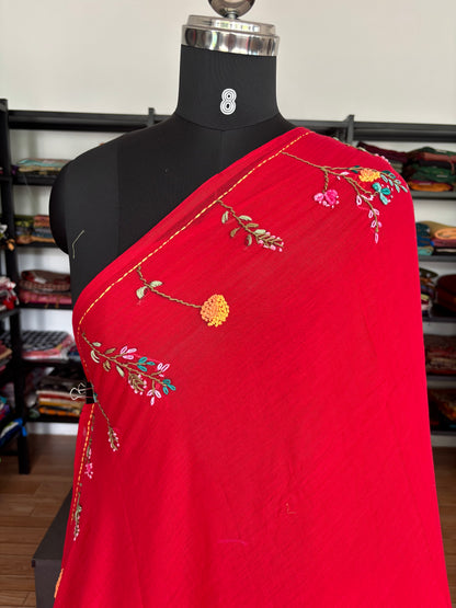 RED EMBROIDERED MUL SAREE