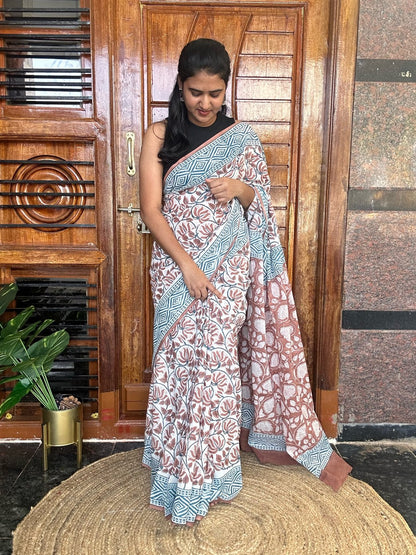 Brown handblock mulmul cotton saree