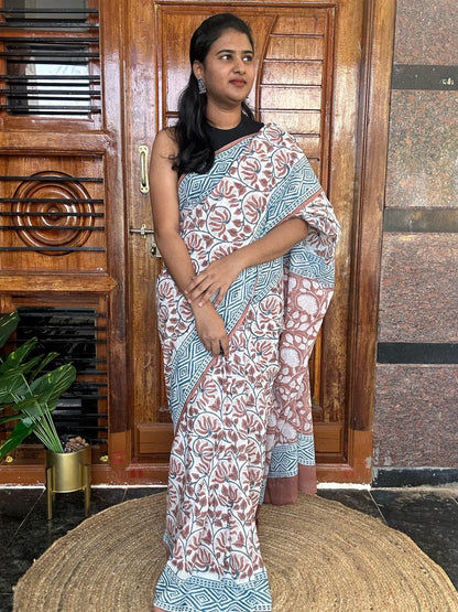 Brown handblock mulmul cotton saree