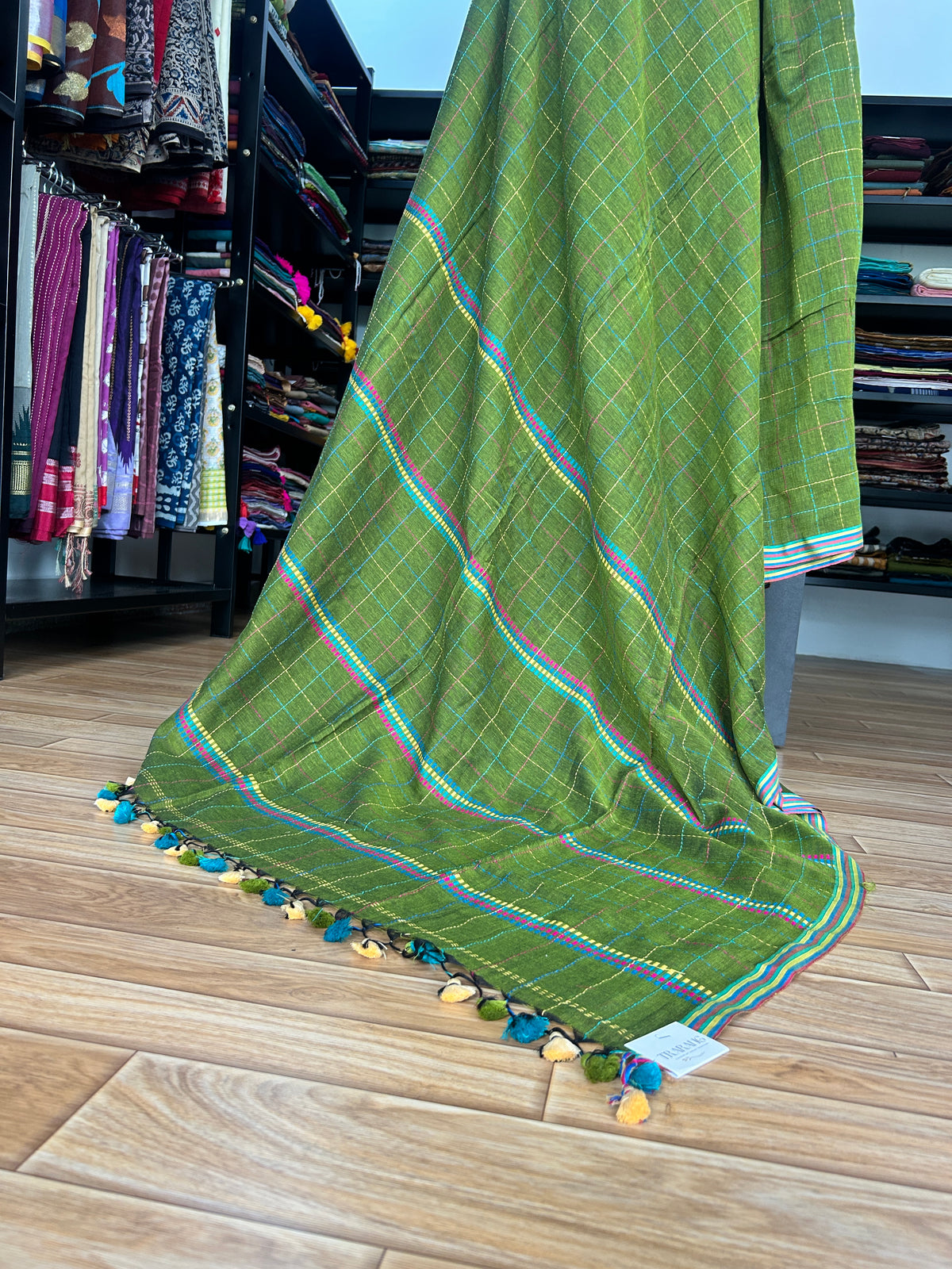 GREEN KATHA CHECKS  MUL SAREE