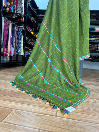GREEN KATHA CHECKS  MUL SAREE