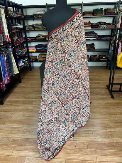 Red kalamkari mul saree