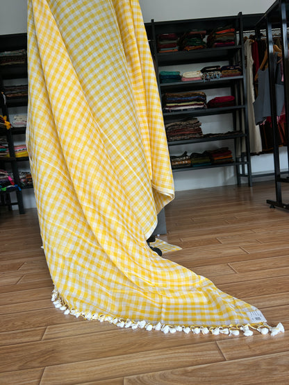 YELLOW CHECKS  MUL SAREE