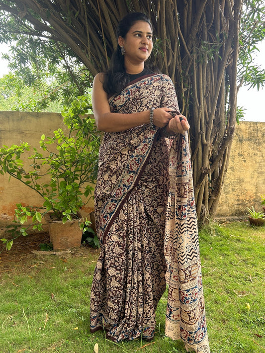 Brown kalamkari mul saree