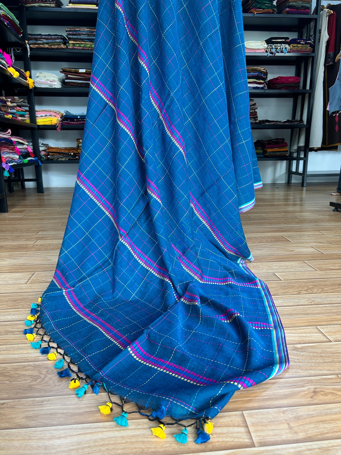 TEAL KATHA CHECKS  MUL SAREE
