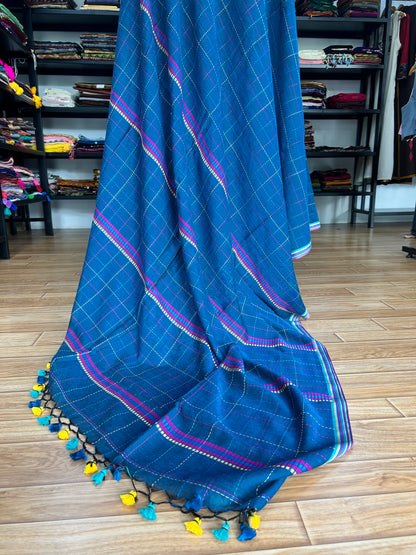 TEAL KATHA CHECKS  MUL SAREE