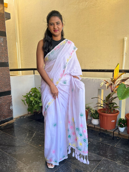 OFF WHITE HAND EMBROIDERED MUL SAREE