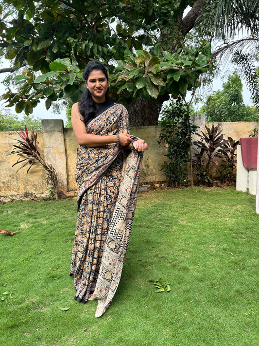 Black kalamkari mul saree