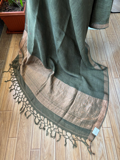 GREEN PURE LINEN SAREE