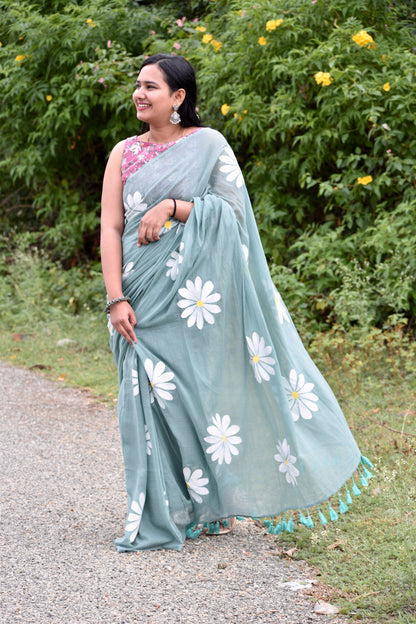 GREEN HAND PAINTED MUL SAREE