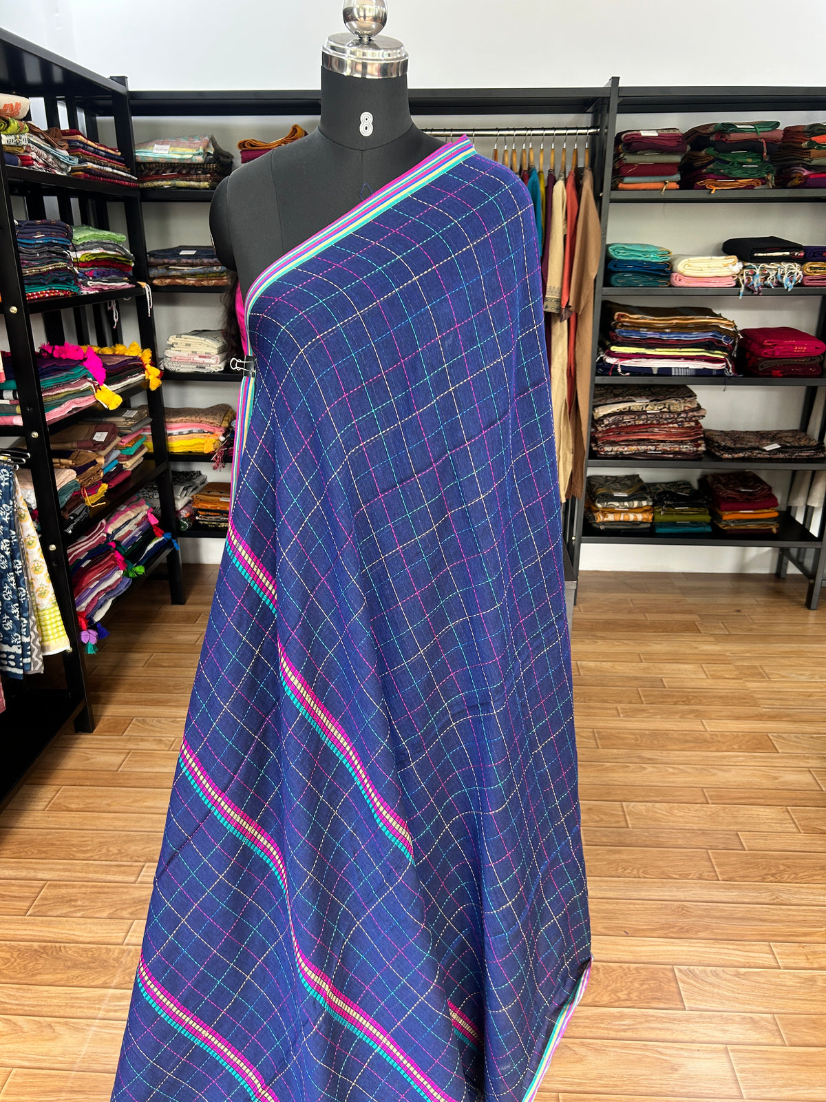 BLUE KATHA CHECKS  MUL SAREE