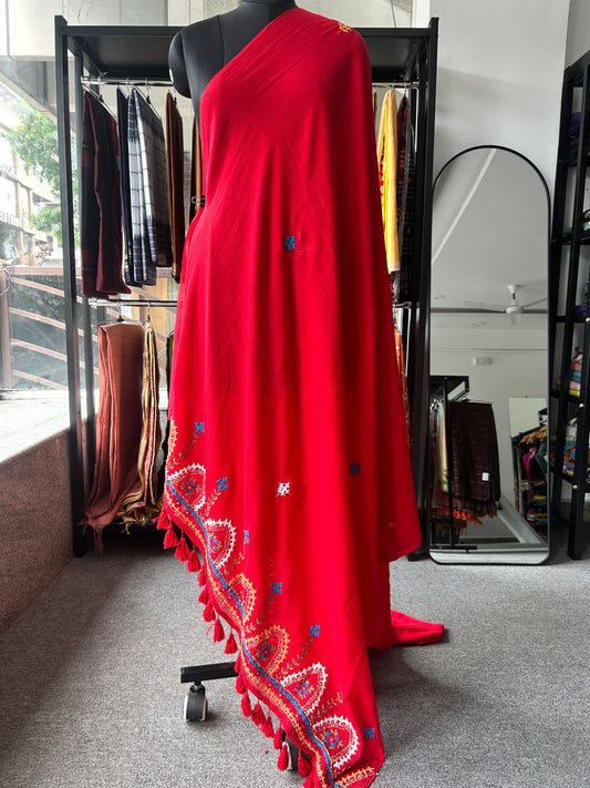 RED KATHA MUL SAREE