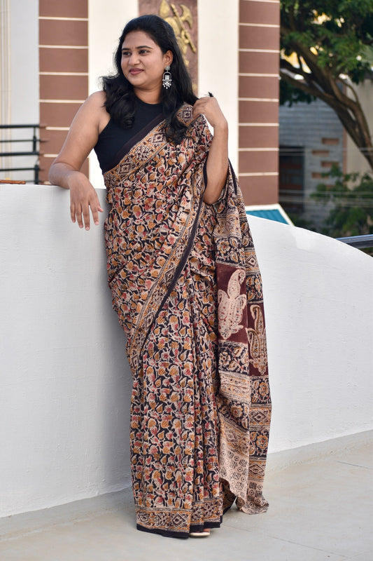 Black kalamkari mul saree