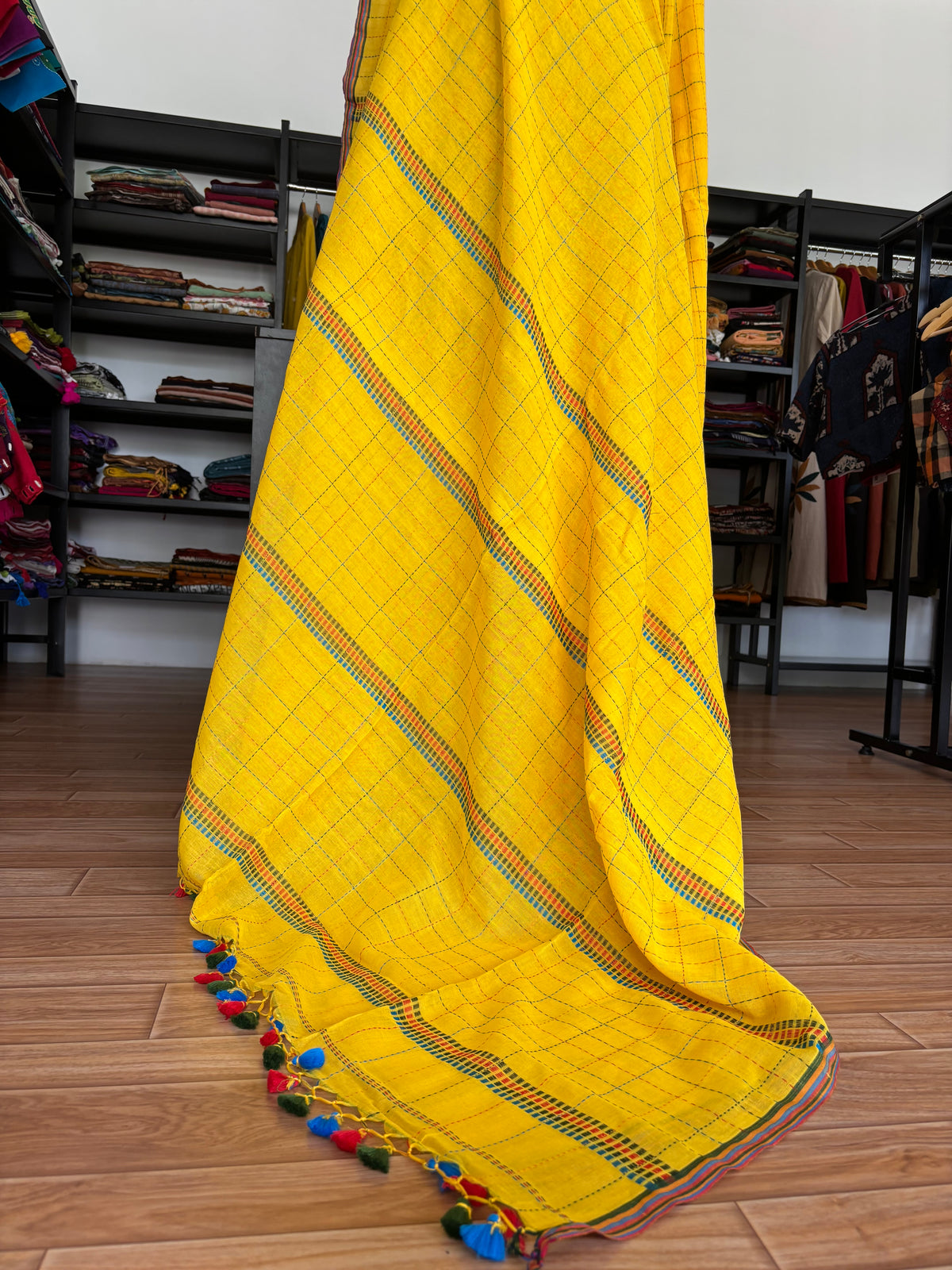 YELLOW KATHA CHECKS  MUL SAREE