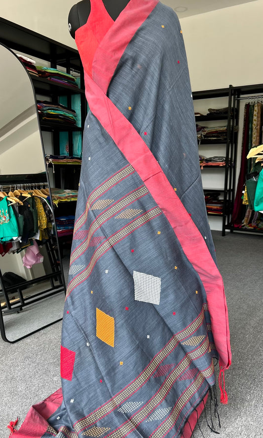 GREY KHADI COTTON SAREE